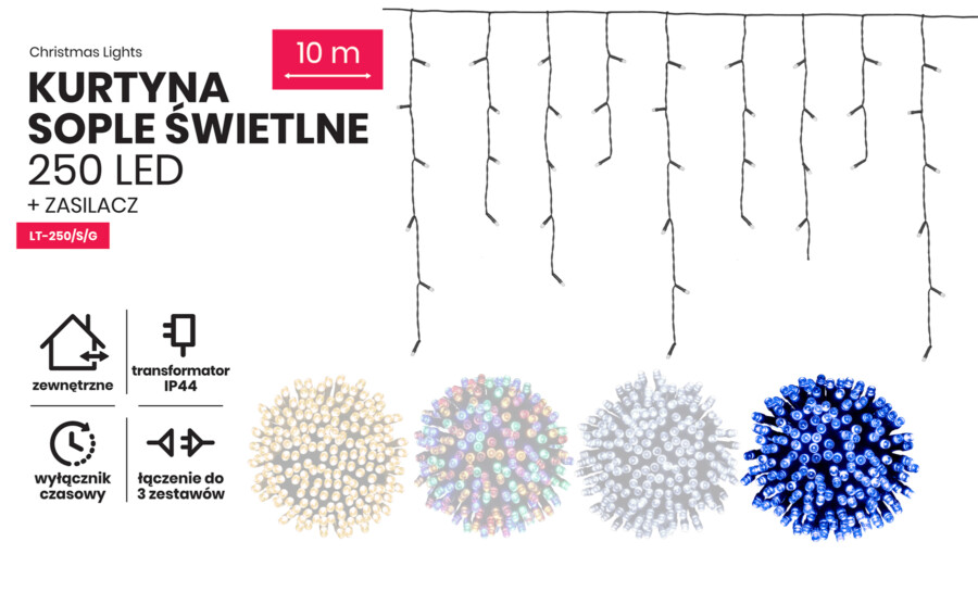 Kurtyna Sople 10m 250 LED z gniazdem (LT-250/S/G) Kurtyna Sople 10m 250 LED z gniazdem (LT-250/S/G)