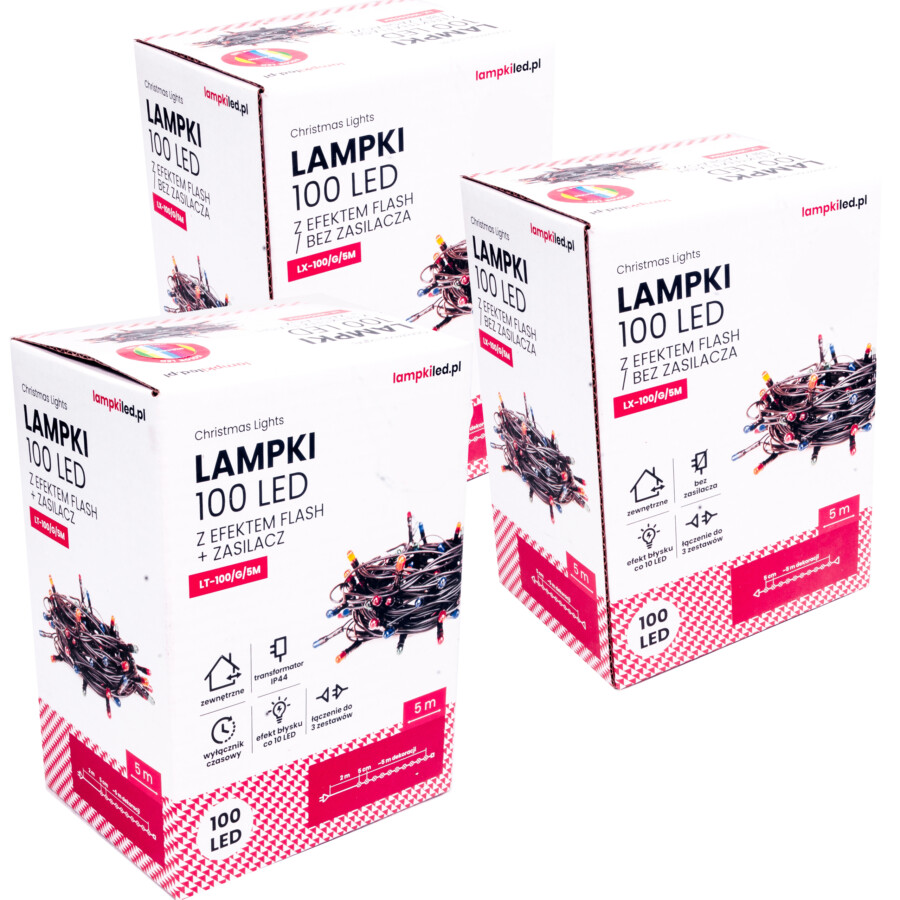 Lampki choinkowe łańcuch 15m 300 LED + flash. Zestaw systemowy (3 komplety)