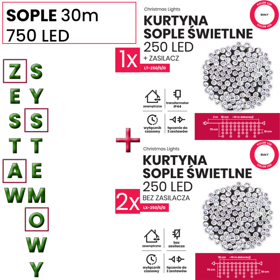Kurtyna Sople 30m 750 LED. Zestaw systemowy (3 komplety)
