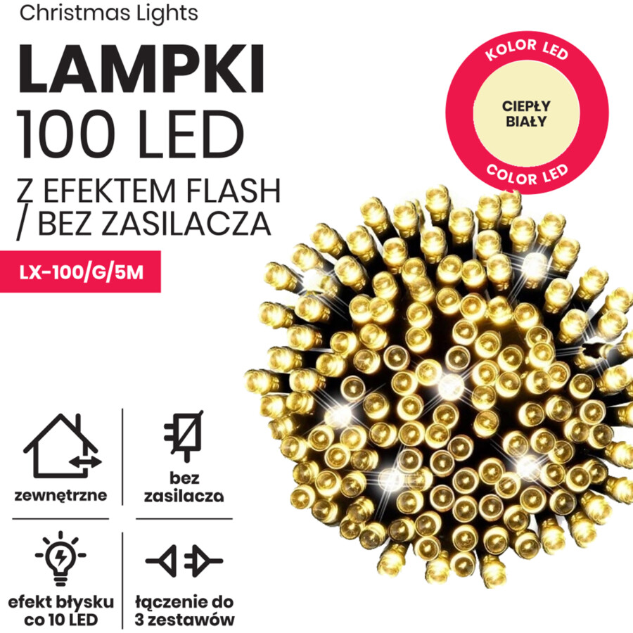 Lampki choinkowe 5m 100 LED+flash. Lampki systemowe (bez zasilacza)