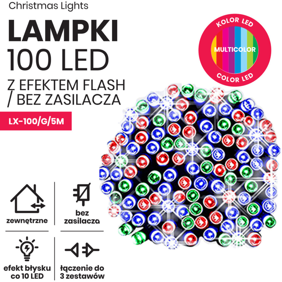 Lampki choinkowe 5m 100 LED+flash. Lampki systemowe (bez zasilacza)