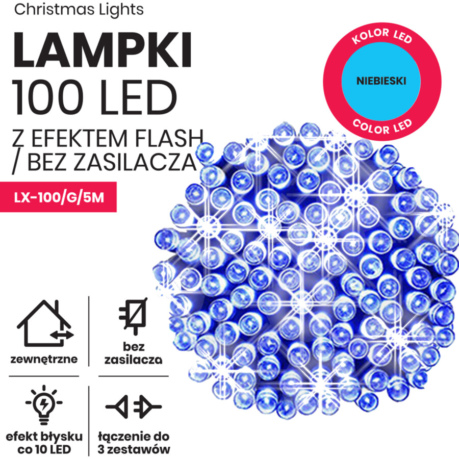 Lampki choinkowe 5m 100 LED+flash. Lampki systemowe (bez zasilacza)