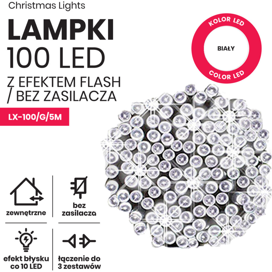 Lampki choinkowe 5m 100 LED+flash. Lampki systemowe (bez zasilacza)