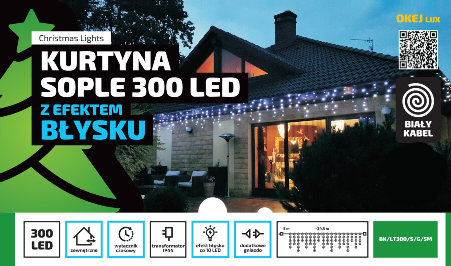 Kurtyna Sople 15m 300 LED + flash. Biały kabel