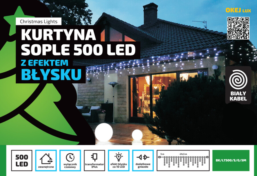 Kurtyna Sople 25m 500 LED + flash. Biały kabel Kurtyna Sople 25m 500 LED + flash. Biały kabel