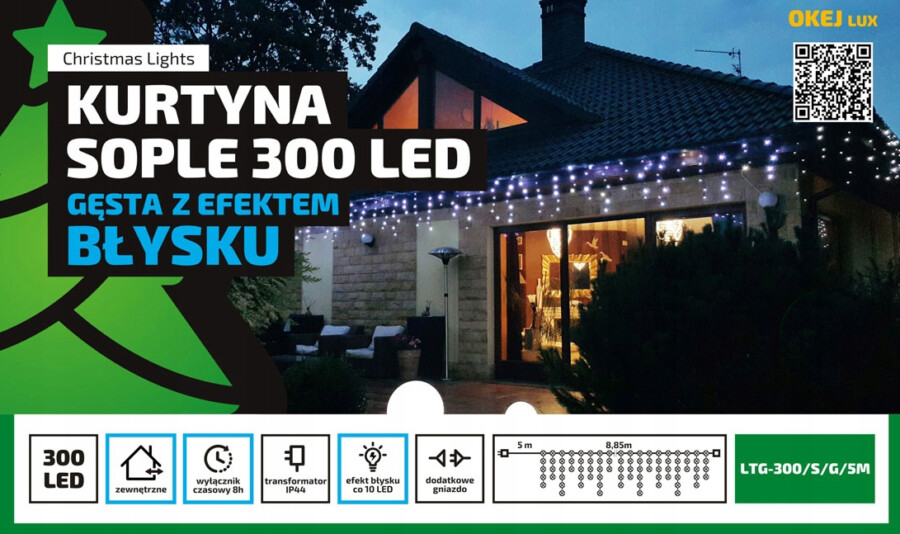 Kurtyna Gęste Sople 9m 300 LED + flash