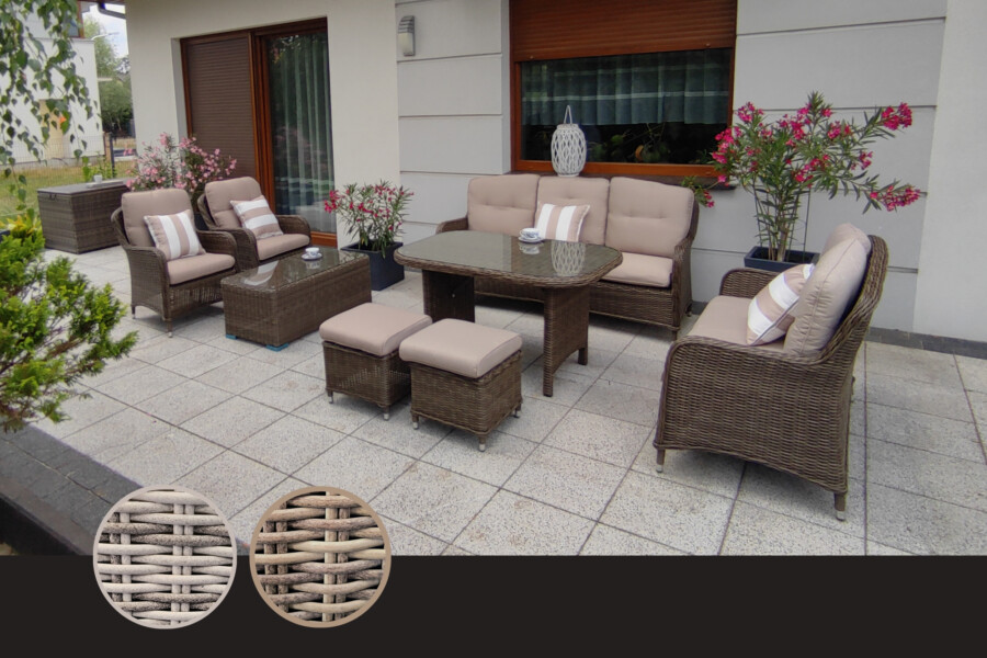 ARES PREMIUM Duży Zestaw Kawowo-Obiadowy z Technorattanu Meble Ogrodowe + SOFA 2