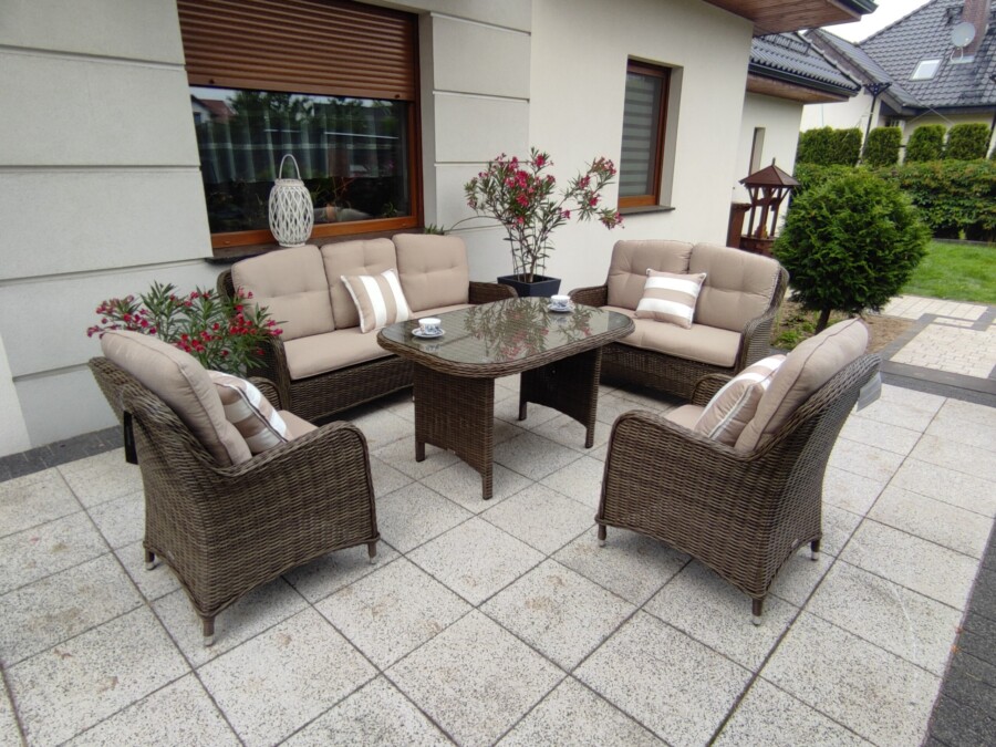 ARES PREMIUM Duży Zestaw Kawowo-Obiadowy z Technorattanu Meble Ogrodowe + SOFA 2