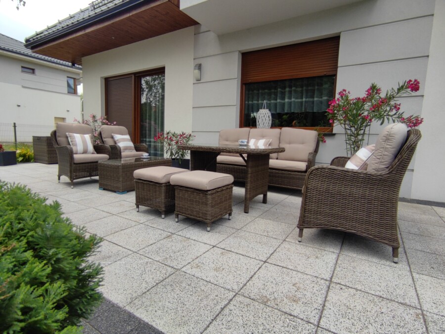 ARES PREMIUM Duży Zestaw Kawowo-Obiadowy z Technorattanu Meble Ogrodowe + SOFA 2