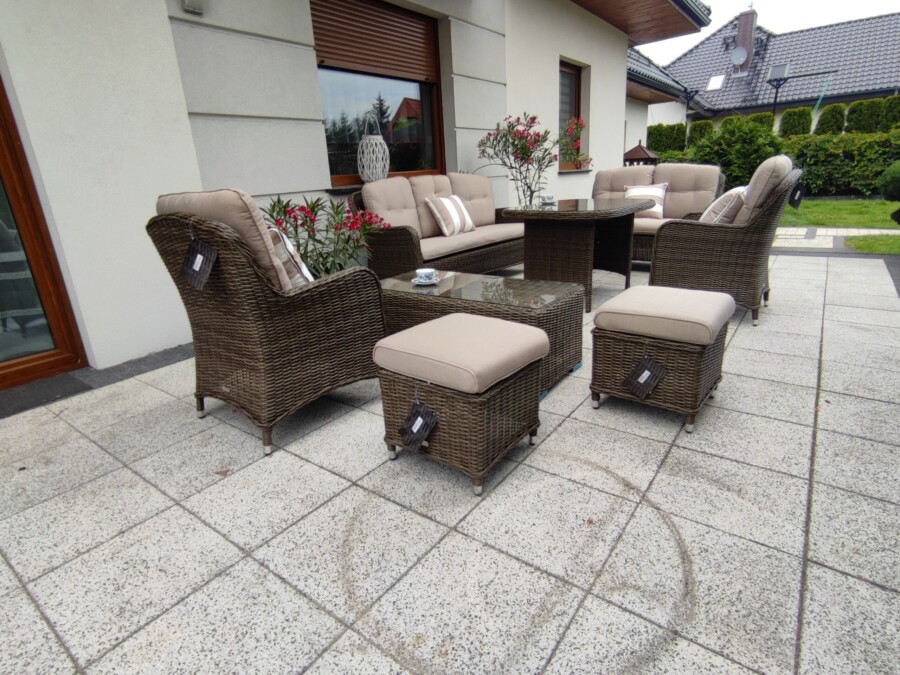 ARES PREMIUM Duży Zestaw Kawowo-Obiadowy z Technorattanu Meble Ogrodowe + SOFA 2