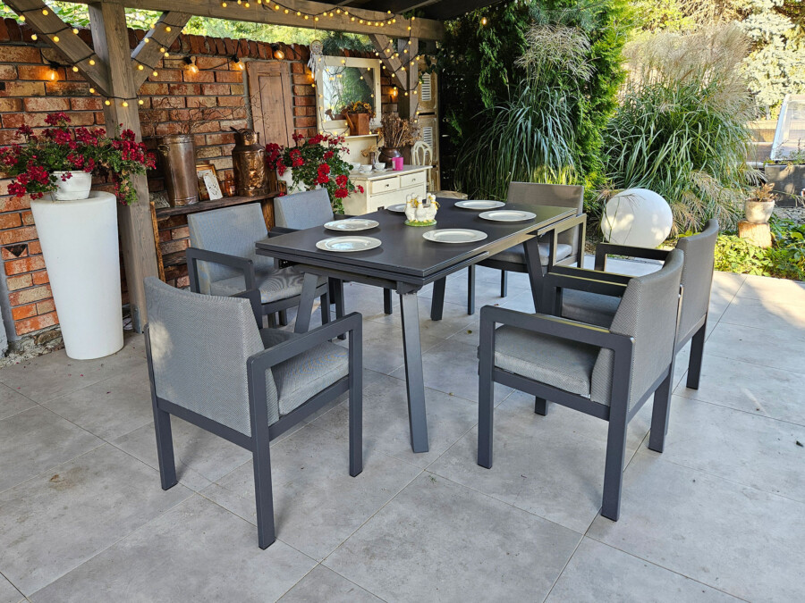 Rozkładany stół ogrodowy 150–250 – PAOLA | 6 foteli | Belgiardino