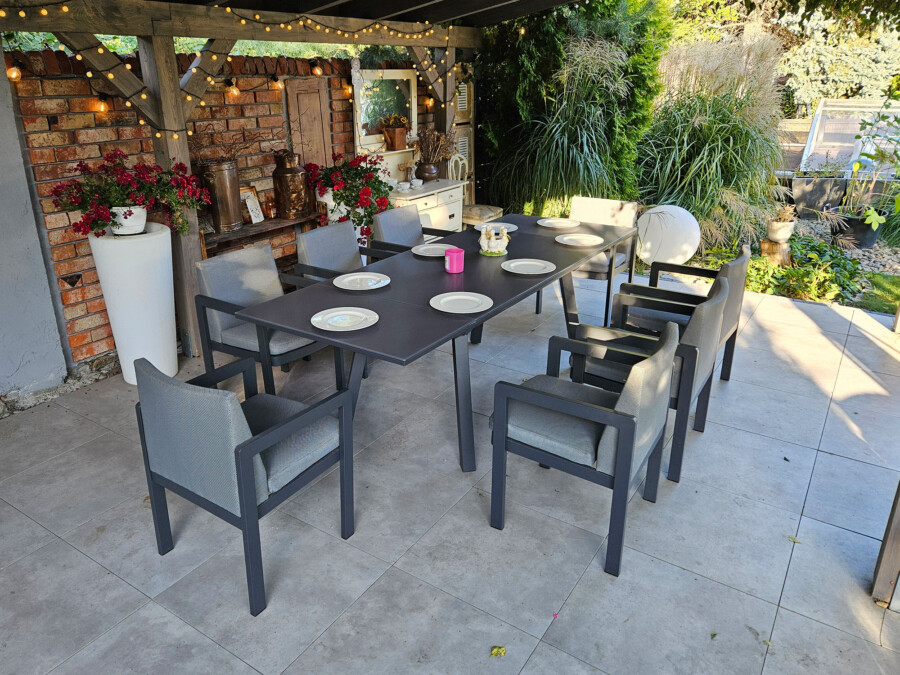 Rozkładany stół ogrodowy 150–250 – PAOLA | 6 foteli | Belgiardino