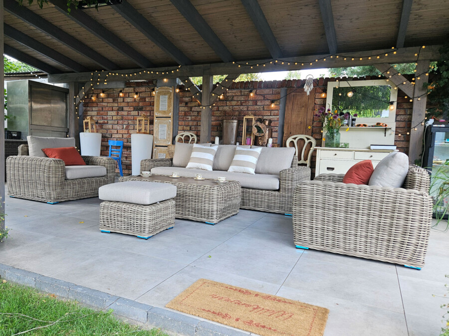 TOSCANIA - Meble tarasowe. Duża sofa, 2 fotele, stół, podnóżek. OKRĄGŁY TECHNORATTAN TOSCANIA - Meble tarasowe. Duża sofa, 2 fotele, stół, podnóżek. OKRĄGŁY TECHNORATTAN