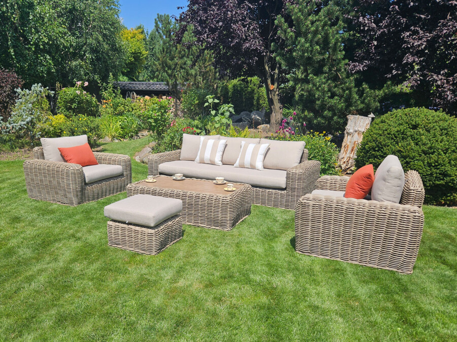 TOSCANIA - Meble tarasowe. Duża sofa, 2 fotele, stół, podnóżek. OKRĄGŁY TECHNORATTAN TOSCANIA - Meble tarasowe. Duża sofa, 2 fotele, stół, podnóżek. OKRĄGŁY TECHNORATTAN