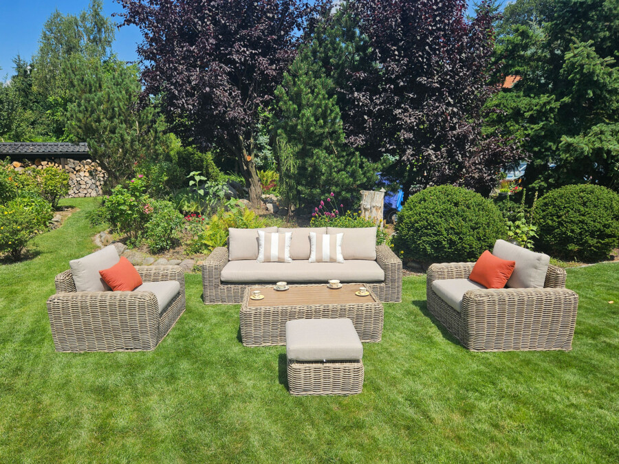 TOSCANIA - Meble tarasowe. Duża sofa, 2 fotele, stół, podnóżek. OKRĄGŁY TECHNORATTAN TOSCANIA - Meble tarasowe. Duża sofa, 2 fotele, stół, podnóżek. OKRĄGŁY TECHNORATTAN