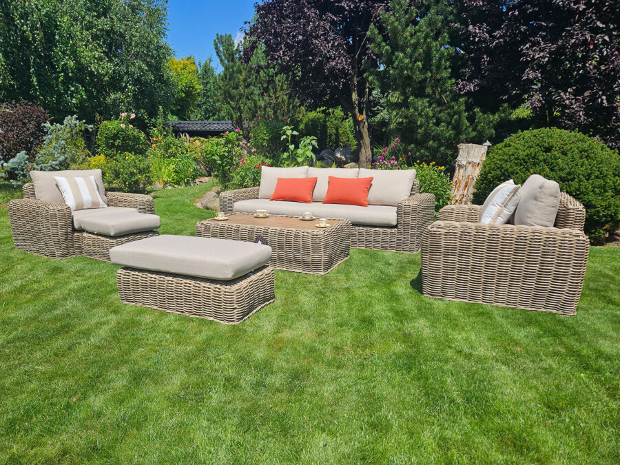 TOSCANIA - Meble tarasowe. Duża sofa, 2 fotele, stół, podnóżek. OKRĄGŁY TECHNORATTAN TOSCANIA - Meble tarasowe. Duża sofa, 2 fotele, stół, podnóżek. OKRĄGŁY TECHNORATTAN