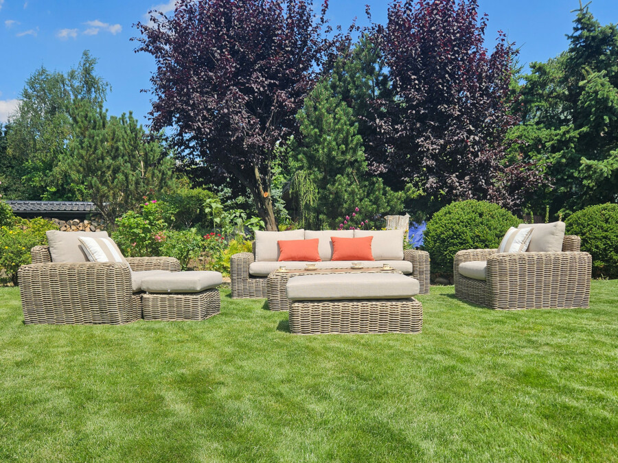 TOSCANIA - Meble tarasowe. Duża sofa, 2 fotele, stół, podnóżek. OKRĄGŁY TECHNORATTAN TOSCANIA - Meble tarasowe. Duża sofa, 2 fotele, stół, podnóżek. OKRĄGŁY TECHNORATTAN