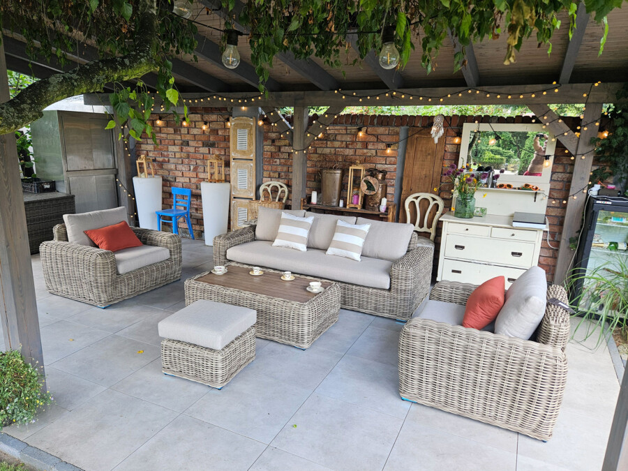 TOSCANIA - Meble tarasowe. Duża sofa, 2 fotele, stół, podnóżek. OKRĄGŁY TECHNORATTAN TOSCANIA - Meble tarasowe. Duża sofa, 2 fotele, stół, podnóżek. OKRĄGŁY TECHNORATTAN
