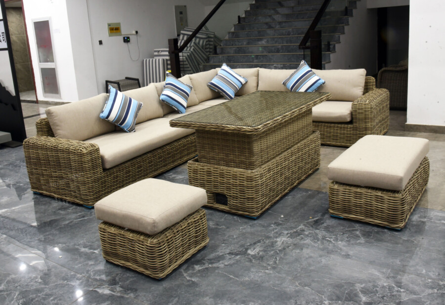 Meble z okrągłego technorattanu TOSCANIA CORNER BIG zestaw ogrodowy – Narożnik na taras + fotel + pufy