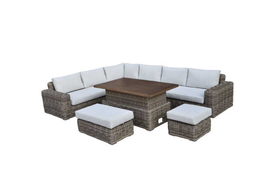 TOSCANIA - Meble tarasowe. Duża sofa, 2 fotele, stół, podnóżek. OKRĄGŁY TECHNORATTAN