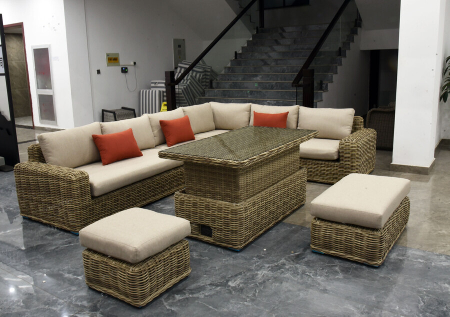 Meble z okrągłego technorattanu TOSCANIA CORNER BIG zestaw ogrodowy – Narożnik na taras + fotel + pufy