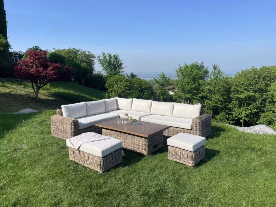 TOSCANIA - Meble tarasowe. Duża sofa, 2 fotele, stół, podnóżek. OKRĄGŁY TECHNORATTAN