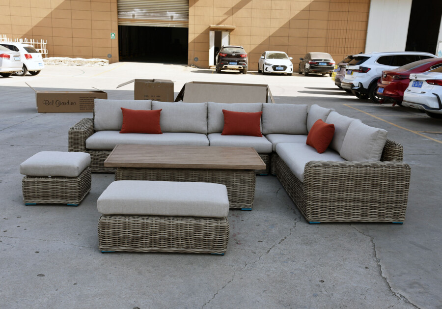 Meble z okrągłego technorattanu TOSCANIA CORNER BIG zestaw ogrodowy – Narożnik na taras + fotel + pufy