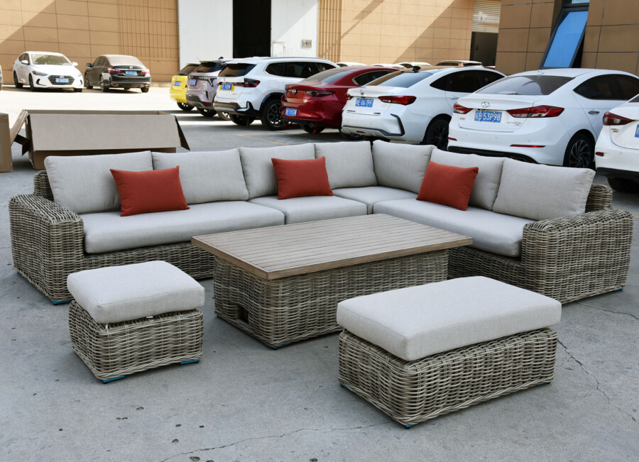 Meble z okrągłego technorattanu TOSCANIA CORNER BIG zestaw ogrodowy – Narożnik na taras + fotel + pufy