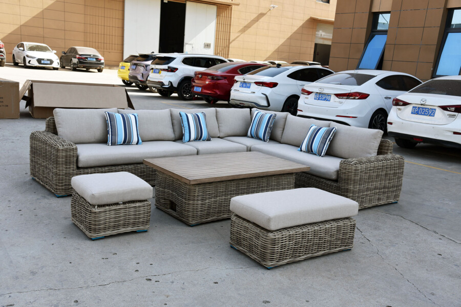 Meble z okrągłego technorattanu TOSCANIA CORNER BIG zestaw ogrodowy – Narożnik na taras + fotel + pufy