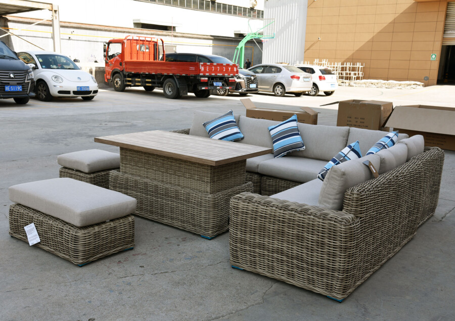 Meble z okrągłego technorattanu TOSCANIA CORNER BIG zestaw ogrodowy – Narożnik na taras + fotel + pufy