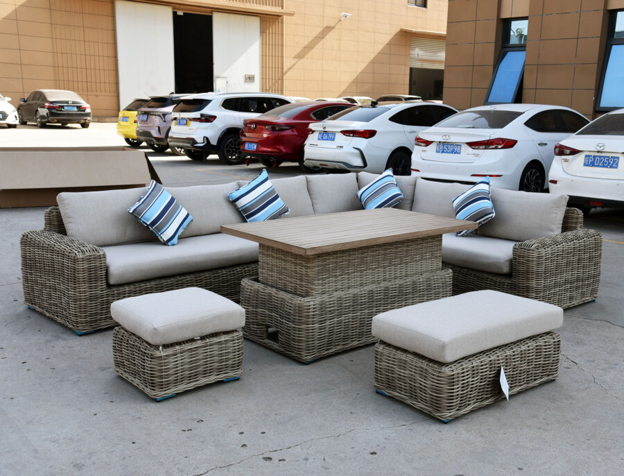 Meble z okrągłego technorattanu TOSCANIA CORNER BIG zestaw ogrodowy – Narożnik na taras + fotel + pufy