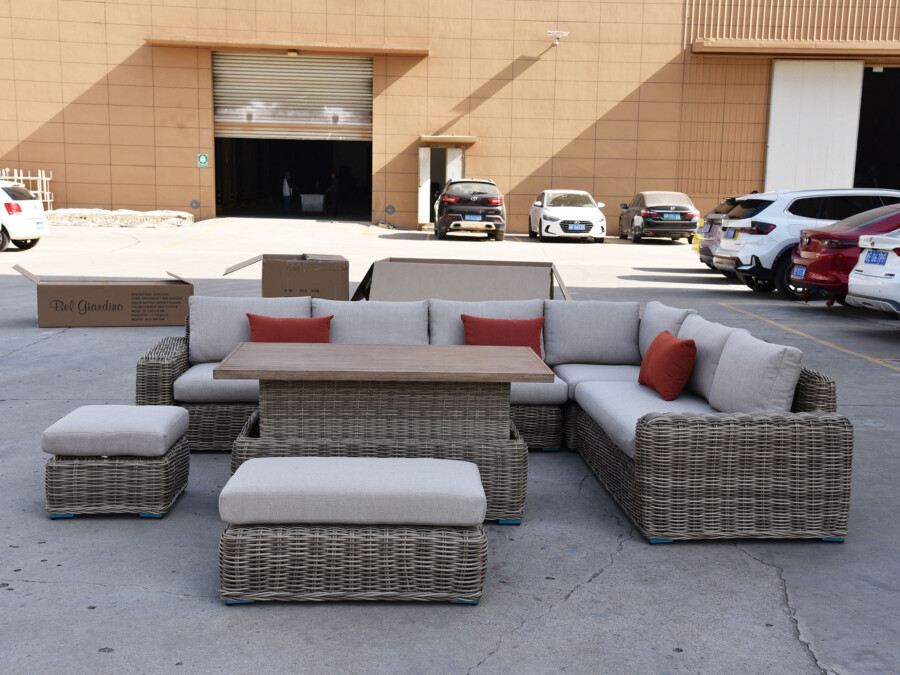 Meble z okrągłego technorattanu TOSCANIA CORNER BIG zestaw ogrodowy – Narożnik na taras + fotel + pufy