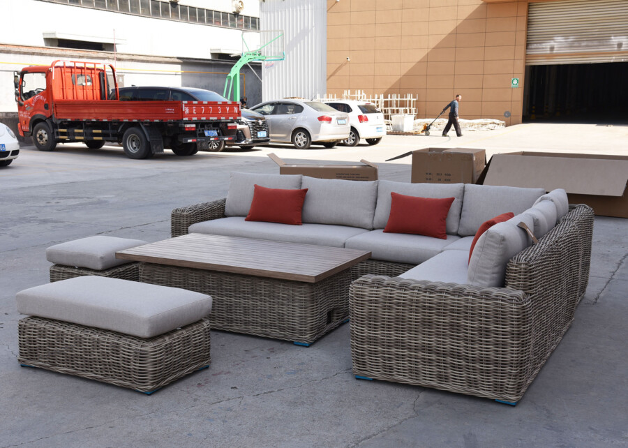 Meble z okrągłego technorattanu TOSCANIA CORNER BIG zestaw ogrodowy – Narożnik na taras + fotel + pufy