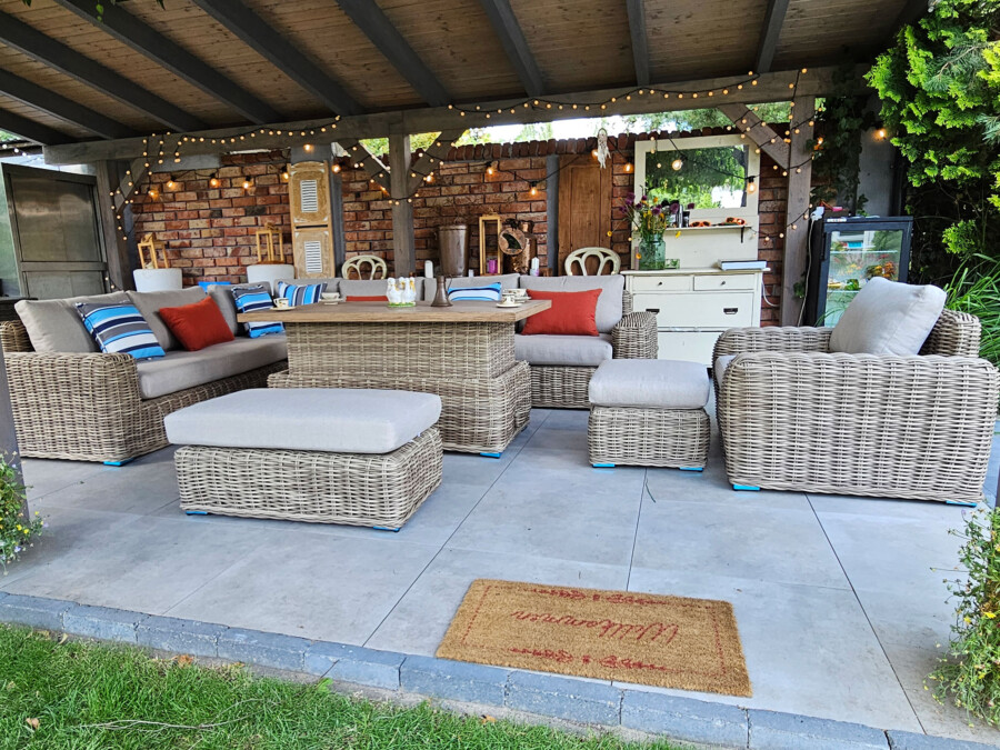 Meble z okrągłego technorattanu TOSCANIA CORNER BIG zestaw ogrodowy – Narożnik na taras + fotel + pufy