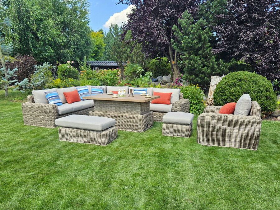 Meble z okrągłego technorattanu TOSCANIA CORNER BIG zestaw ogrodowy – Narożnik na taras + fotel + pufy