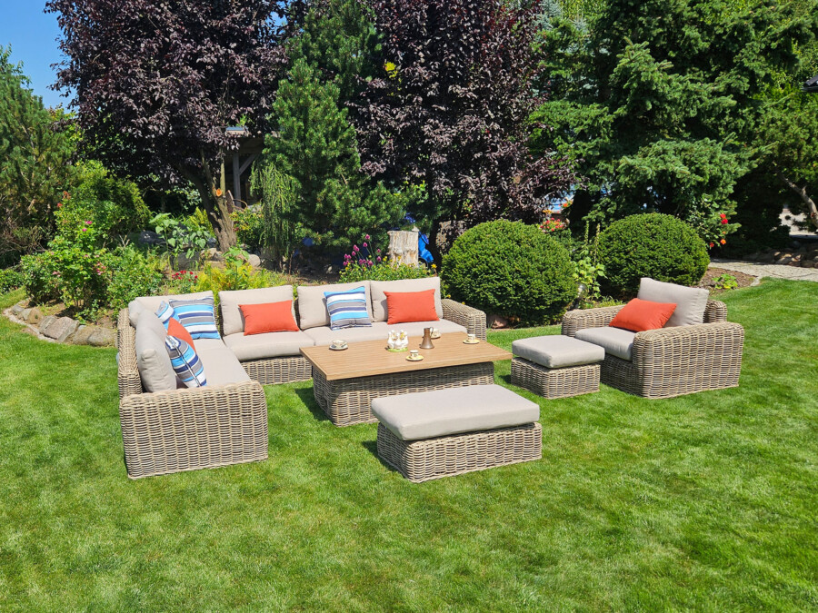 Meble z okrągłego technorattanu TOSCANIA CORNER BIG zestaw ogrodowy – Narożnik na taras + fotel + pufy