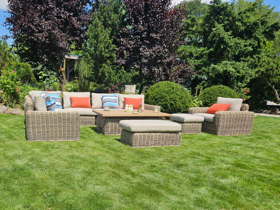 Meble z okrągłego technorattanu TOSCANIA CORNER BIG zestaw ogrodowy – Narożnik na taras + fotel + pufy