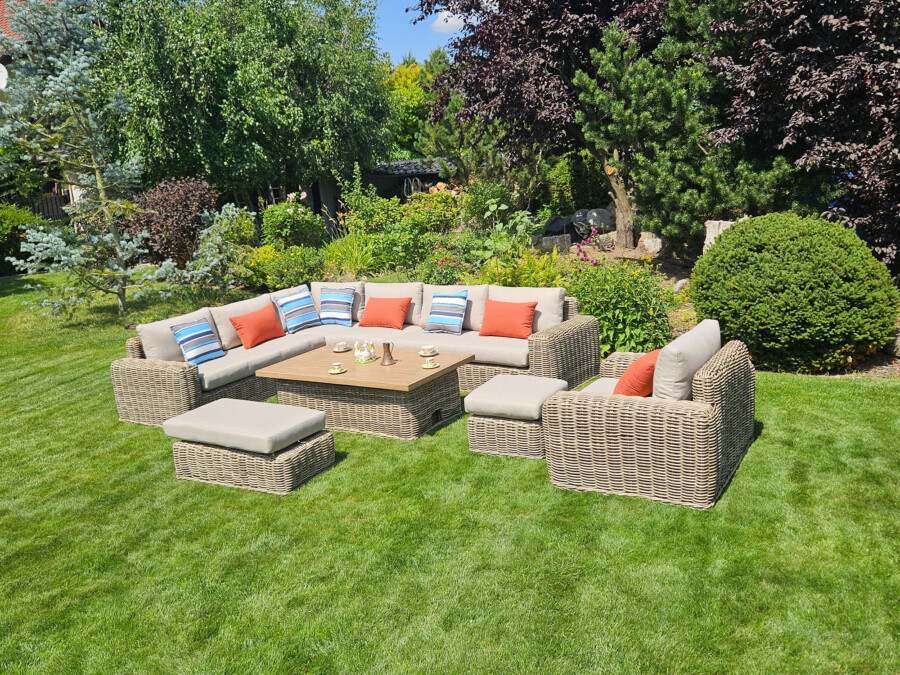 Meble z okrągłego technorattanu TOSCANIA CORNER BIG zestaw ogrodowy – Narożnik na taras + fotel + pufy