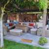 Meble z okrągłego technorattanu TOSCANIA CORNER BIG zestaw ogrodowy – Narożnik na taras + fotel + pufy