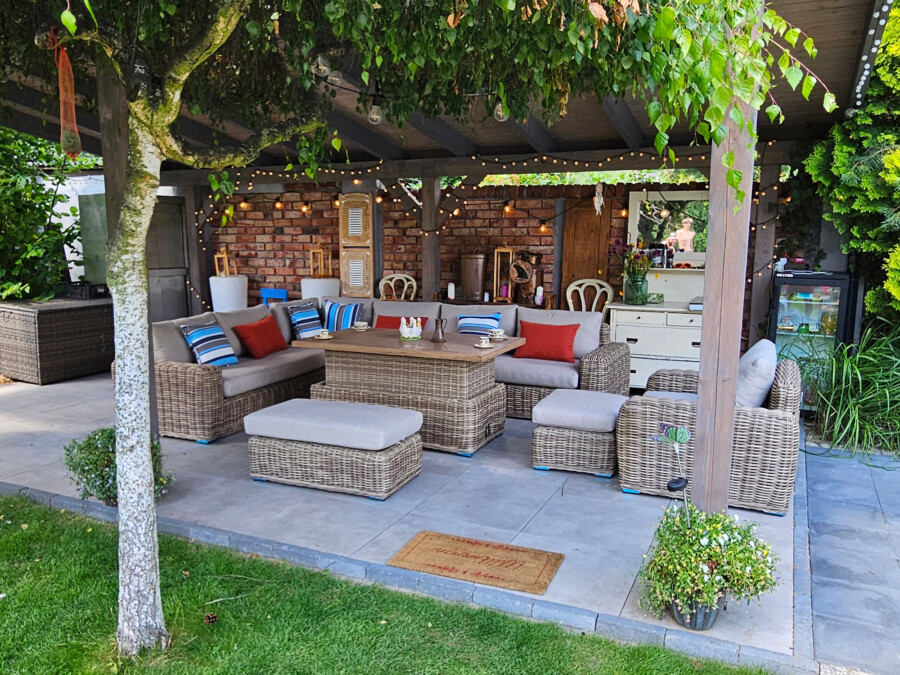 Meble z okrągłego technorattanu TOSCANIA CORNER BIG zestaw ogrodowy – Narożnik na taras + fotel + pufy