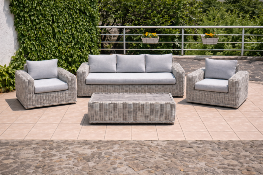 TOSCANIA - Meble tarasowe. Duża sofa, 2 fotele, stół, podnóżek. OKRĄGŁY TECHNORATTAN TOSCANIA - Meble tarasowe. Duża sofa, 2 fotele, stół, podnóżek. OKRĄGŁY TECHNORATTAN