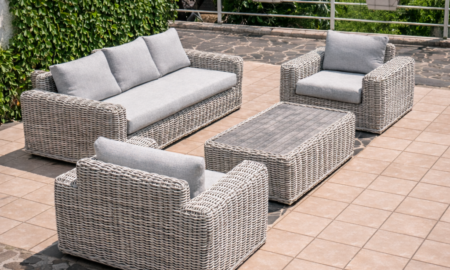 TOSCANIA - Meble tarasowe. Duża sofa, 2 fotele, stół, podnóżek. OKRĄGŁY TECHNORATTAN