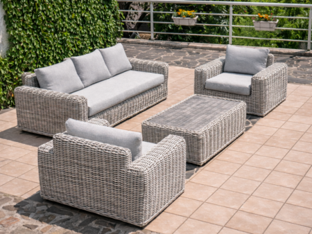 TOSCANIA - Meble tarasowe. Duża sofa, 2 fotele, stół, podnóżek. OKRĄGŁY TECHNORATTAN
