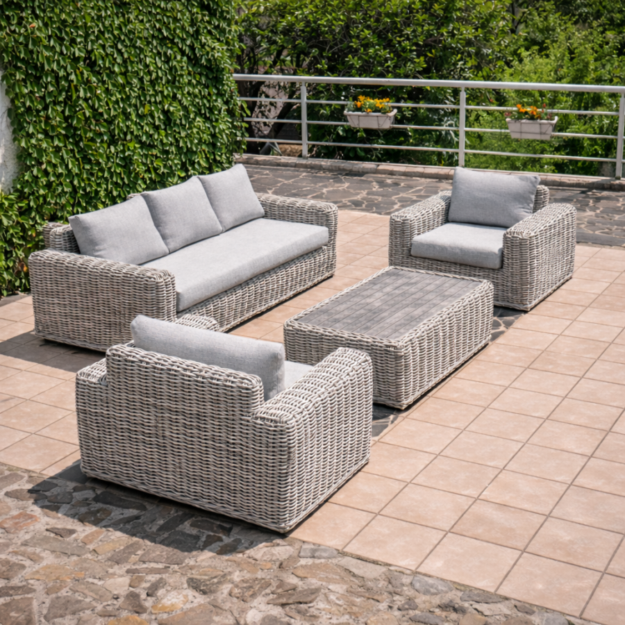 TOSCANIA - Meble tarasowe. Duża sofa, 2 fotele, stół, podnóżek. OKRĄGŁY TECHNORATTAN TOSCANIA - Meble tarasowe. Duża sofa, 2 fotele, stół, podnóżek. OKRĄGŁY TECHNORATTAN
