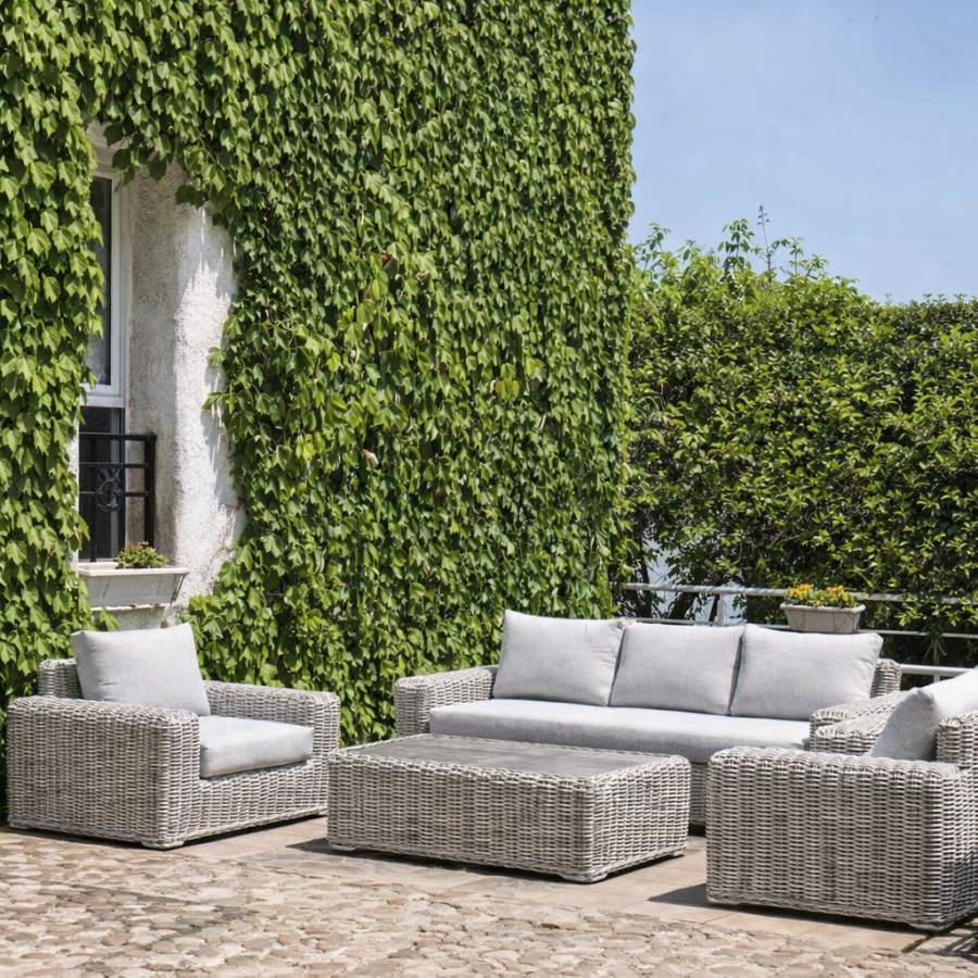 TOSCANIA - Meble tarasowe. Duża sofa, 2 fotele, stół, podnóżek. OKRĄGŁY TECHNORATTAN TOSCANIA - Meble tarasowe. Duża sofa, 2 fotele, stół, podnóżek. OKRĄGŁY TECHNORATTAN