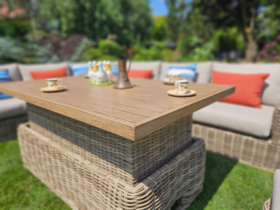 TOSCANIA - Meble tarasowe. Duża sofa, 2 fotele, stół, podnóżek. OKRĄGŁY TECHNORATTAN