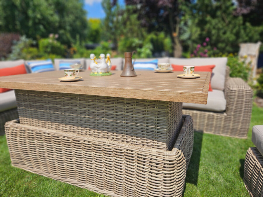 TOSCANIA - Meble tarasowe. Duża sofa, 2 fotele, stół, podnóżek. OKRĄGŁY TECHNORATTAN