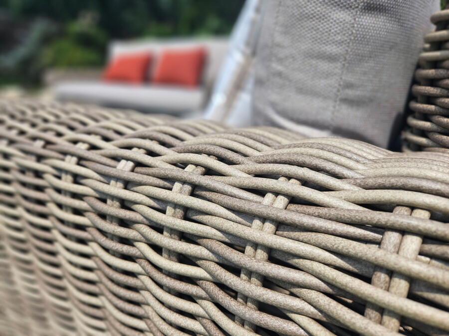 TOSCANIA - Meble tarasowe. Duża sofa, 2 fotele, stół, podnóżek. OKRĄGŁY TECHNORATTAN