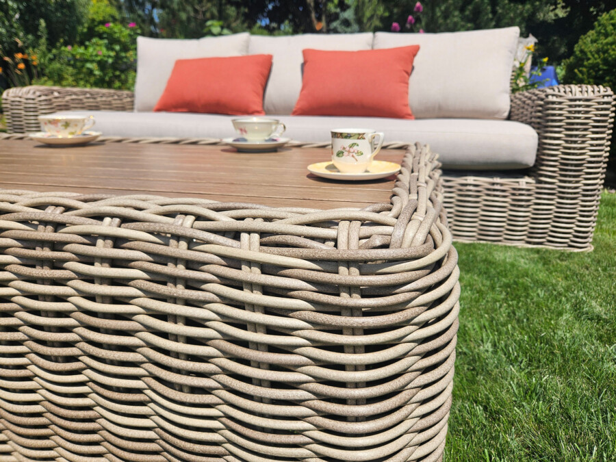 TOSCANIA - Meble tarasowe. Duża sofa, 2 fotele, stół, podnóżek. OKRĄGŁY TECHNORATTAN