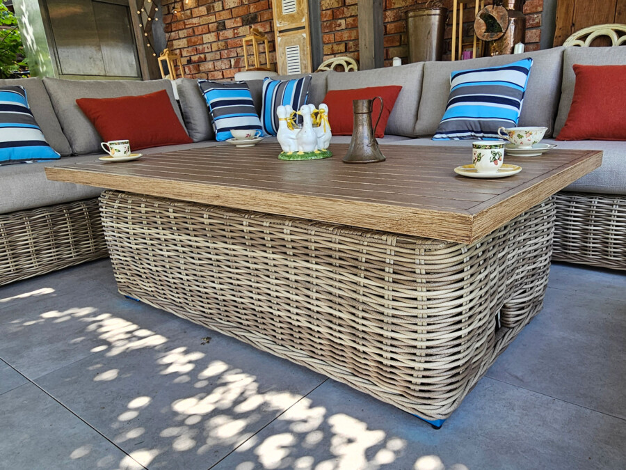 TOSCANIA - Meble tarasowe. Duża sofa, 2 fotele, stół, podnóżek. OKRĄGŁY TECHNORATTAN